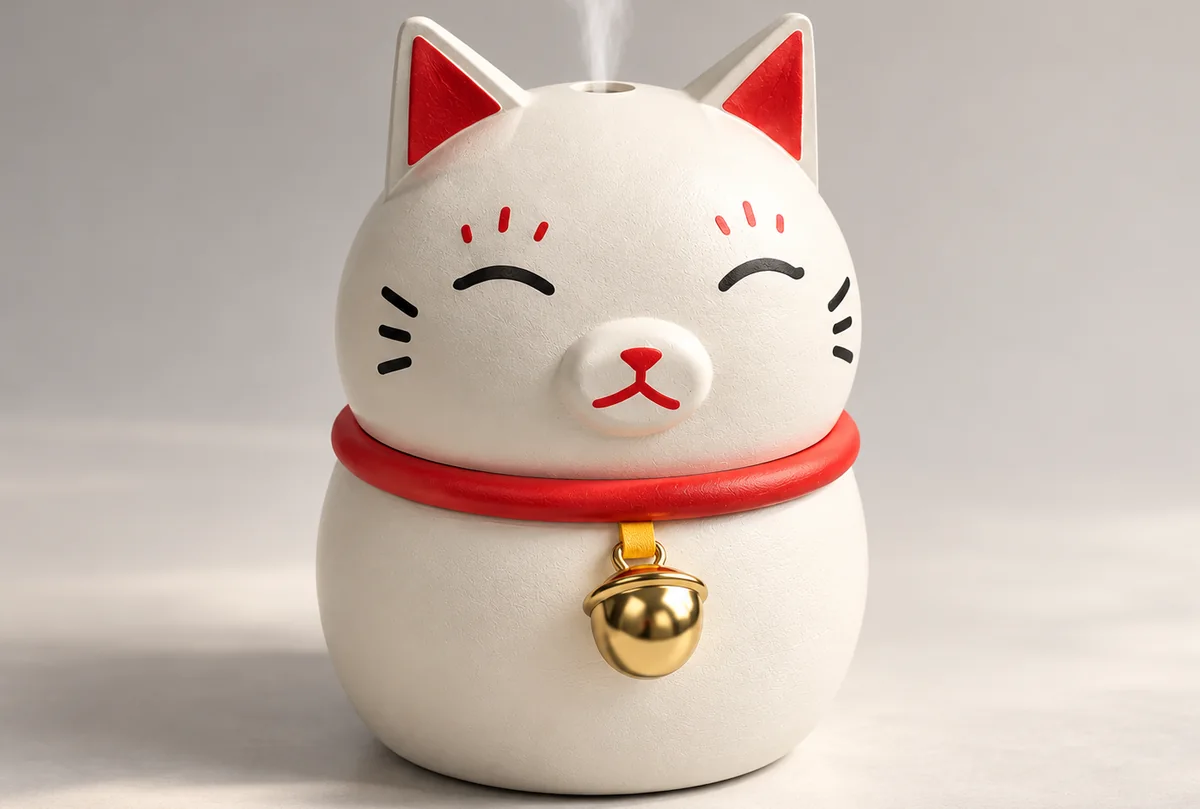 White lucky cat diffuser with a red collar and gold bell