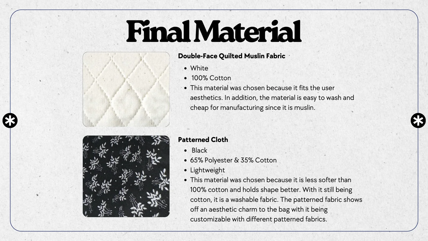 Final materials: quilted muslin and patterned cloth